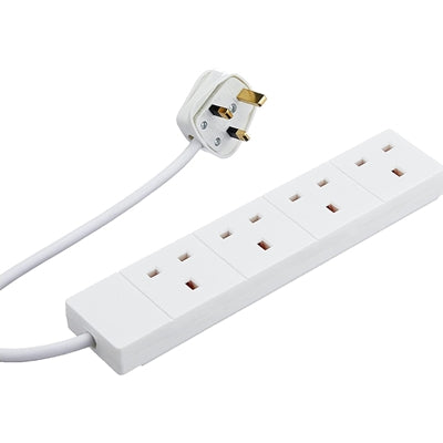 White 4-gang UK extension lead with 2m cable for multiple power sockets by Globoshop. White 4-gang UK extension lead with 2m cable for multiple power sockets by Globoshop.